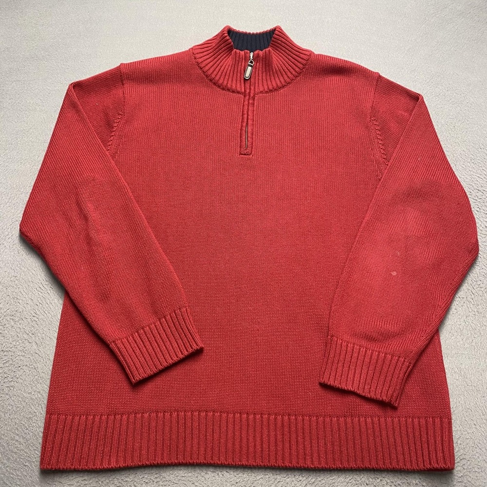 LL Bean Sweater Mens Large‎ Red Cotton Quarter Zip Pullover Knit Mock Neck